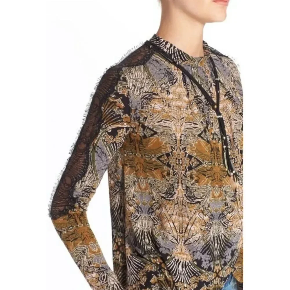 Free People Women's XS Tulip‎ Drape Nouveau Blouse Top Boho Coal Combo Lace